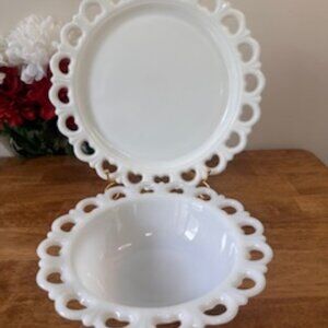 Vintage‎ Milk Glass Lace Edge Bowl Platter Set Westmoreland Style Open Loop Rim